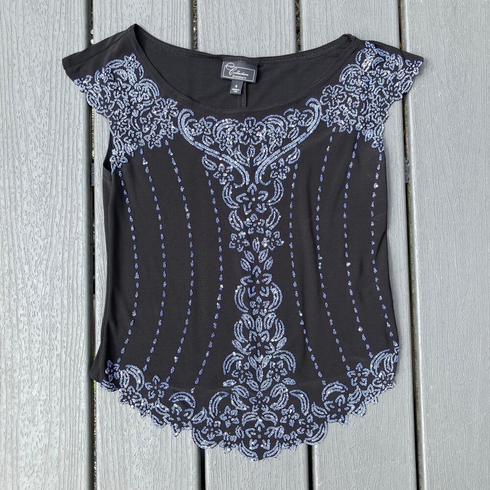 Black semi sheer beaded sequin blouse floral design, Y2K whimsigoth fairycore
